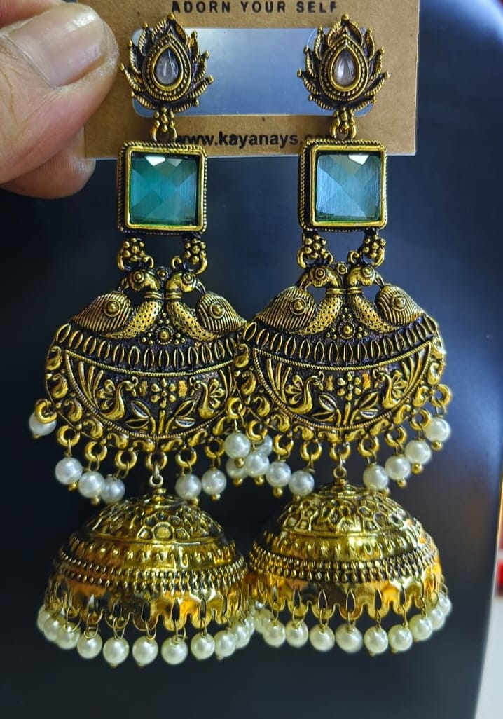 Antique Gold-Tone Pearl Jhumka Earrings with Green Stone Statement Traditional Drop Earrings