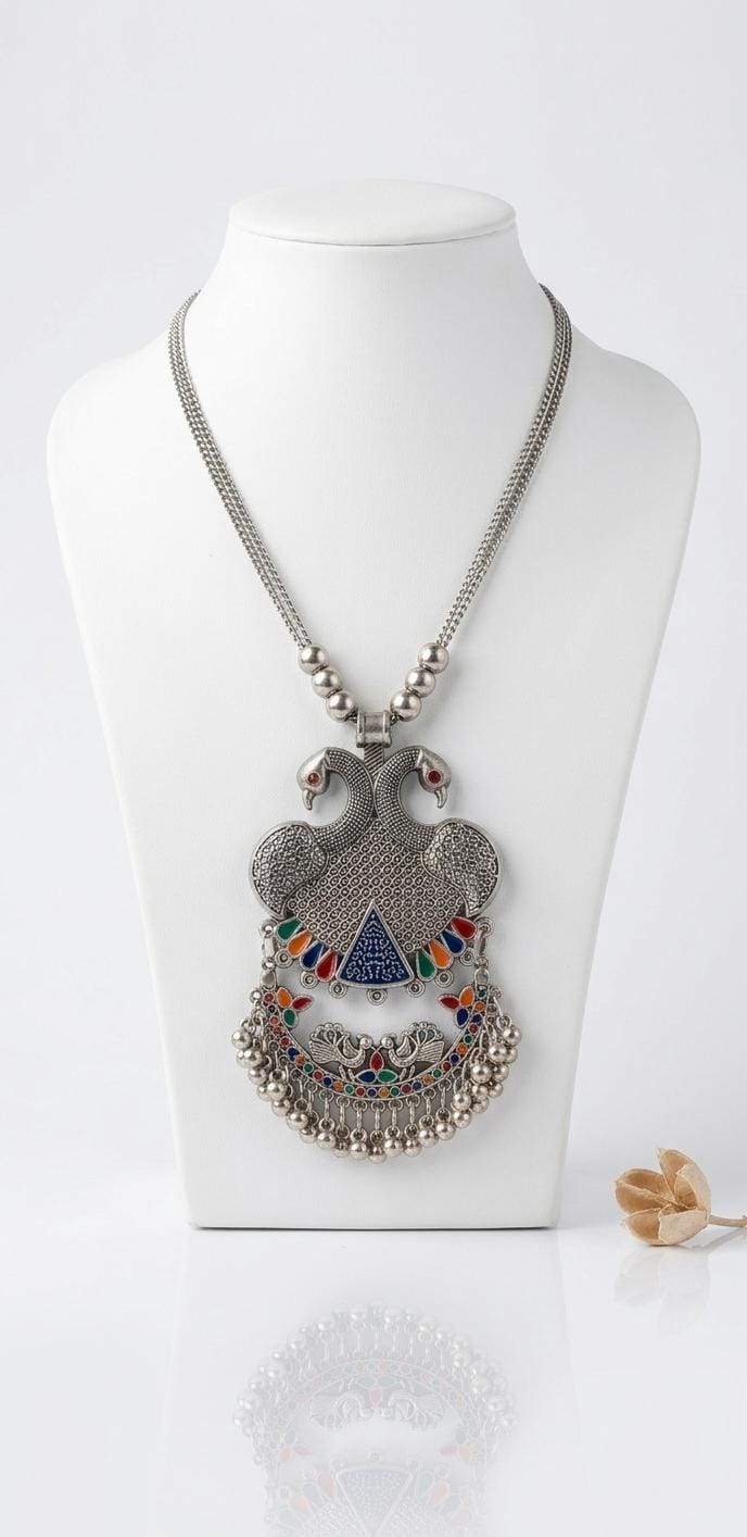 Silver Oxidised Peacock Pendant Necklace with Multicolor Stones Traditional Statement Jewelry for Women