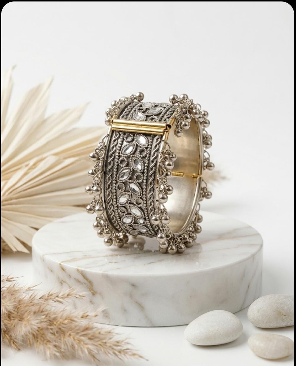 Silver Oxidised Kundan Bangle Cuff | Wide Ghungroo Statement Bracelet | Ethnic Indian Jewellery for Women