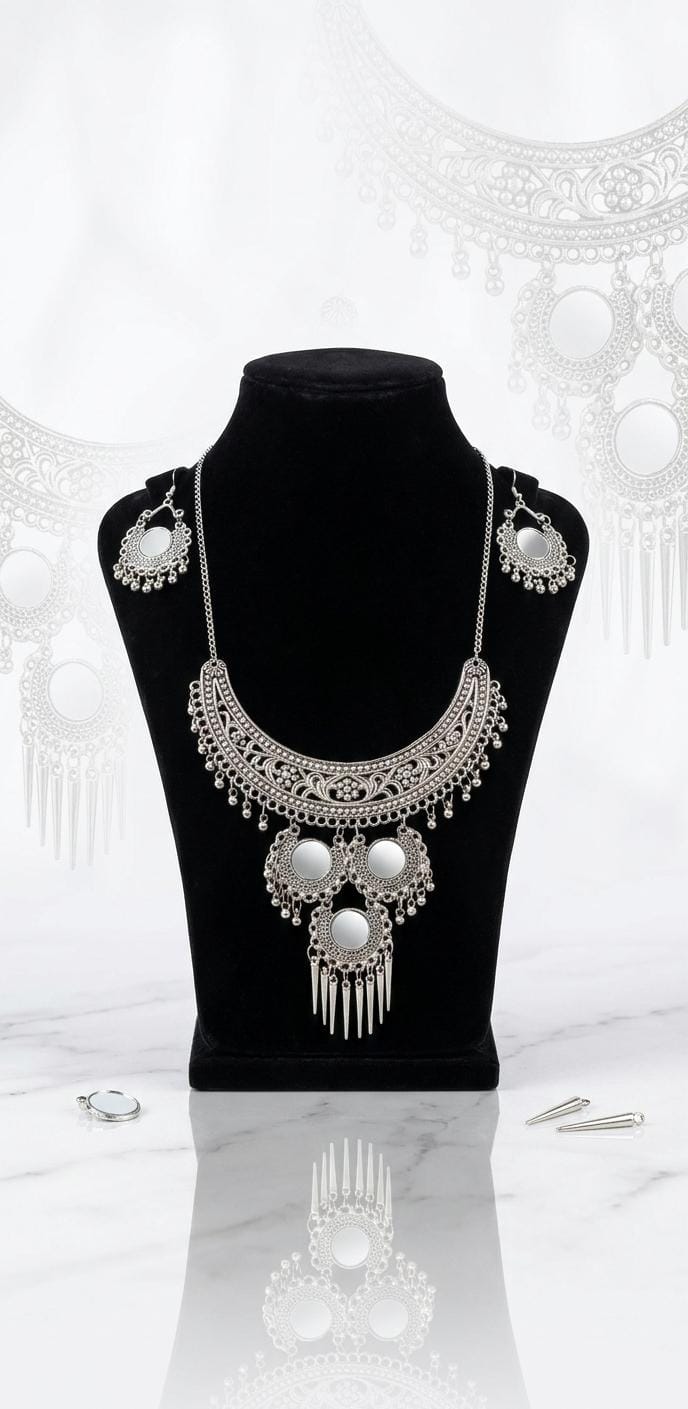 Elegant Silver Oxidized Jewelry Set with Mirror Work – Traditional Necklace and Earrings Set