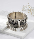 Silver Oxidised Black Stone Cuff Bracelet | Wide Ghungroo Bangle with Marquise Onyx | Ethnic Jewellery for Women