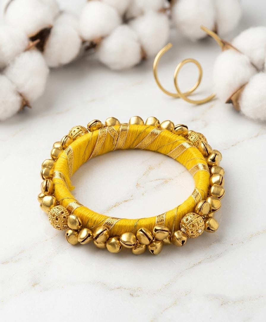 Yellow Silk Thread Ghungroo Bangle | Gold Bell Kada with Filigree Beads | Haldi Festive Ethnic Jewellery