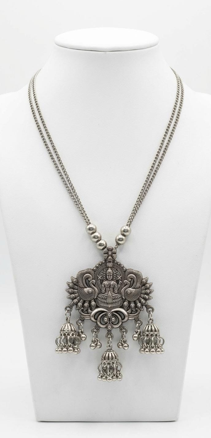 Silver Oxidised Lakshmi Pendant Necklace with Jhumka Drops Traditional Temple Jewelry for Women