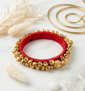 Red Silk Thread Ghungroo Bangle | Gold Bell Kada with Rhinestone Filigree Beads | Bridal Festive Jewellery
