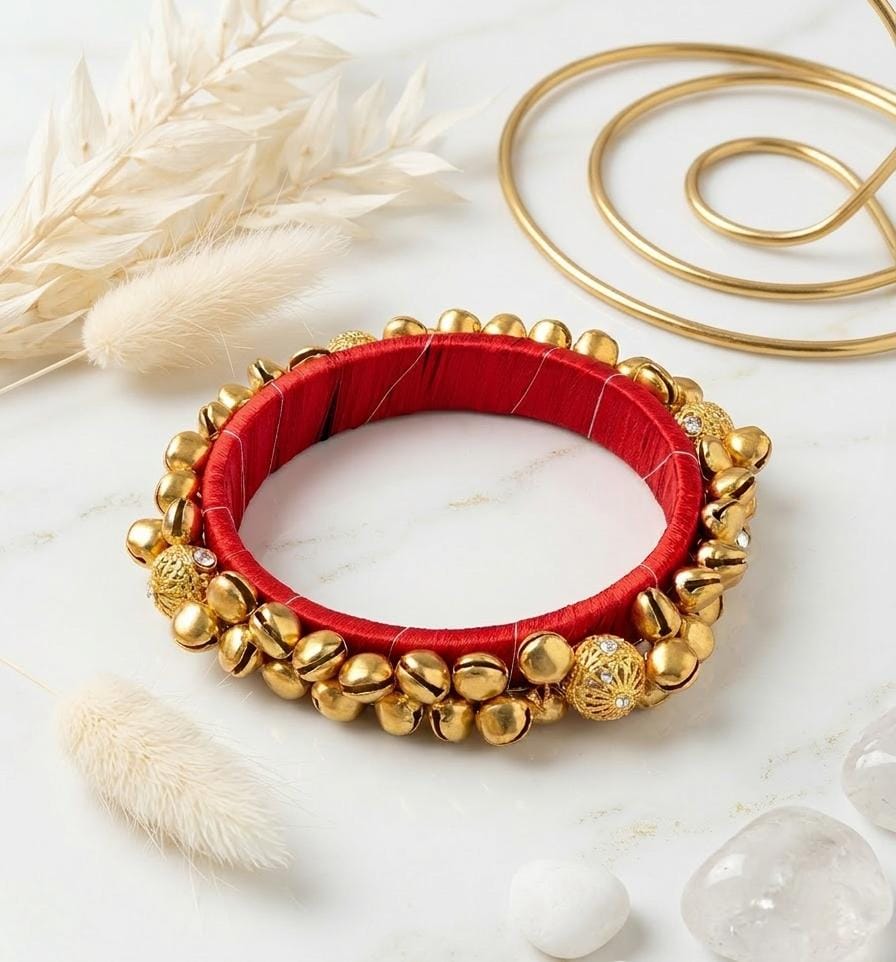 Red Silk Thread Ghungroo Bangle | Gold Bell Kada with Rhinestone Filigree Beads | Bridal Festive Jewellery